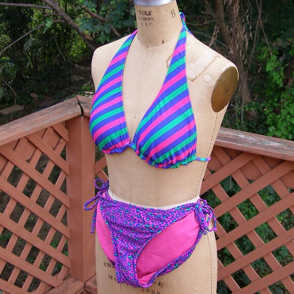 NEW size L/XL Xhilaration Reversible 2pc Swim Suit Animal Print/Striped Hot Pink - Picture 6 of 9